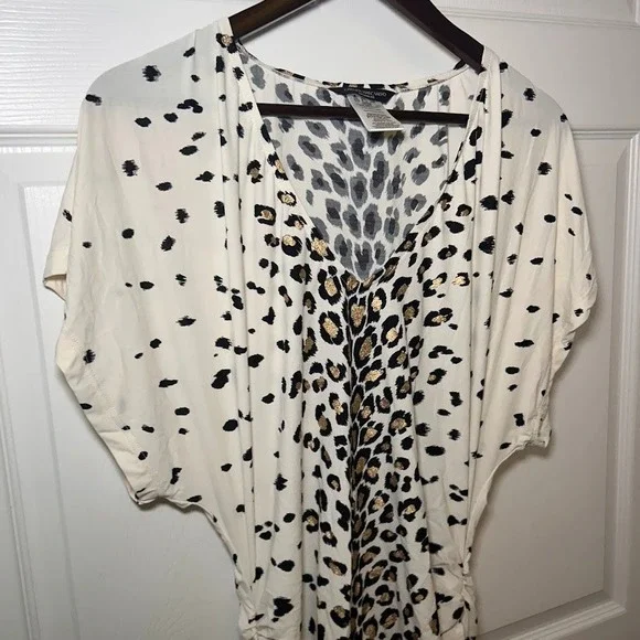 Womens S Leopard Metallic Gold Accented Swim Cover Top White Black Animal Print - Picture 2 of 7